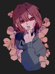  1other ao_62 black_background brown_hair chara_(undertale) closed_mouth flower green_sweater hair_between_eyes hand_up long_sleeves looking_at_viewer orange_flower puffy_long_sleeves puffy_sleeves red_eyes short_hair simple_background single_stripe smile solo striped_clothes striped_sweater sweater turtleneck turtleneck_sweater undertale upper_body 