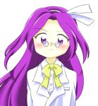  1girl :| asakura_rikako blush bow bowtie buttons closed_mouth coat collared_shirt dress_shirt hairband lab_coat long_hair looking_at_viewer nonamejd official_style purple_hair shirt simple_background solo straight-on touhou touhou_(pc-98) very_long_hair violet_eyes white_background white_coat white_hairband white_shirt yellow_bow yellow_bowtie zun_(style) 
