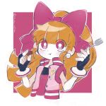  1girl :t blossom_(ppg) blunt_bangs bow earrings eating eyelashes fingerless_gloves fork gloves highres holding holding_fork jacket jewelry long_hair multicolored_clothes multicolored_jacket pink_bow pink_eyes ponytail powerpuff_girls_z redhead ro_ru_witch undershirt 