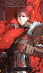  1boy absurdres armor brown_gloves cape closed_mouth diamant_(fire_emblem) fire_emblem fire_emblem_engage fur_trim gloves highres hmmjust_0000 looking_at_viewer male_focus red_cape red_eyes redhead short_hair shoulder_armor solo sword upper_body weapon 