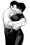  1boy 1girl black_hair blush burn_scar closed_eyes forehead greyscale highres hug jujutsu_kaisen merushii_(raynyhigher) monochrome okkotsu_yuuta scar short_hair simple_background smile upper_body white_background zen&#039;in_maki 