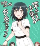  2020 3girls aqua_background black_hair blush dated dress fang hair_ornament hairclip happy_birthday highres looking_at_viewer love_live! love_live!_nijigasaki_high_school_idol_club mifune_shioriko multiple_girls open_mouth orange_eyes short_hair short_sleeves solo_focus takasaki_yuu twitter_username uehara_ayumu white_dress yumechiku 