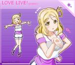  1girl ;d bike_shorts blonde_hair blowing_kiss braid character_name clothing_cutout copyright_name crown_braid dolphin_shorts full_body grey_shorts hand_on_own_hip leaning_forward long_hair love_live! love_live!_sunshine!! ohara_mari one_eye_closed outstretched_arms parted_bangs pink_footwear purple_shirt shirt short_shorts short_sleeves shorts shorts_under_shorts shoulder_cutout smile socks solo striped_background twitter_username upper_body white_shorts white_socks yellow_eyes yumechiku 