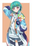  1girl arm_behind_head blue_choker blue_hair blue_jacket blunt_bangs choker closed_mouth cowboy_shot eyeshadow green_eyeshadow green_hair grey_pants hair_ornament hand_in_pocket headphones highres hood hood_down hoodie idol_clothes jacket long_hair long_sleeves looking_at_viewer makeup multicolored_hair omega_auru omega_auru_(primagista) pants pink_eyes pretty_series solo standing streaked_hair tsujii_ruki waccha_primagi! white_hoodie x_hair_ornament 