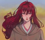  1girl akatsuki_no_yona cape close-up earrings english_commentary floating_hair hair_between_eyes highres hood hooded_cape jewelry long_hair looking_at_viewer pink_lips redhead sky solo tenartistt violet_eyes yona_(akatsuki_no_yona) 