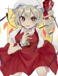  1girl ascot blonde_hair crystal dress flandre_scarlet frills hat highres looking_at_viewer mob_cap open_mouth puffy_short_sleeves puffy_sleeves red_dress red_eyes short_sleeves side_ponytail simple_background solo sweat touhou user_urvp5737 wings 