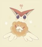 :3 animal_focus black_eyes blush_stickers bright_pupils doughnut eating fang food food_on_face happy heart highres holding holding_doughnut holding_food no_humans ovoip pokemon pokemon_(creature) smile star_(symbol) twitter_username victini yellow_background 