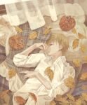  1boy autumn autumn_leaves bed_sheet blonde_hair closed_eyes collared_shirt covered_mouth eyelashes facing_to_the_side fingernails hand_up highres indoors kogaayumi leaf letter long_sleeves lying male_focus on_back on_bed original plaid plaid_scarf profile scarf shirt short_hair sleeping sleeves_rolled_up solo stamp_mark untucked_shirt unworn_scarf upper_body white_shirt window 