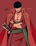  1boy bandana black_bandana coat coat_on_shoulders commentary cowboy_shot crossed_arms dated earrings green_sash haramaki hatch_(8cco) jewelry looking_at_viewer male_focus one_piece red_background red_coat roronoa_zoro sash scar scar_across_eye scar_on_chest smile solo sword weapon 