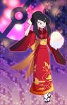  1girl alternate_costume alternate_hairstyle black_hair commission cotton_candy dragon_print full_body highres japanese_clothes kimono lucy_(pokemon) pokemon pokemon_emerald pokemon_rse red_eyes red_kimono sandals smile solo vergolophus wide_sleeves 