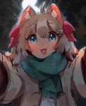  1girl :3 ahoge animal_ear_fluff animal_ears aqua_scarf blue_eyes blurry blurry_background blush coat hair_ribbon highres indie_virtual_youtuber light_brown_hair long_sleeves looking_at_viewer meme neuro-sama open_mouth pasharuu pink_ribbon pov_cheek_warming_(meme) ribbon scarf smile snowing solo upper_body virtual_youtuber yellow_coat 