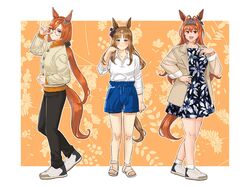  3girls adjusting_eyewear alternate_costume animal_ears black_dress black_pants blue_eyes blue_shorts border bow brown_eyes brown_hair brown_jacket collared_shirt commentary_request daiwa_scarlet_(umamusume) dress ear_ornament floral_background floral_print_dress gaman grass_wonder_(umamusume) hair_between_eyes hair_bow hand_on_own_hip highres horse_ears horse_girl horse_tail ikuno_dictus_(umamusume) jacket korean_commentary long_hair long_sleeves looking_at_viewer multicolored_hair multiple_girls open_clothes open_jacket orange_background pants ponytail red_bow red_eyes round_eyewear sandals shirt shoes shorts sneakers socks streaked_hair tail umamusume very_long_hair white_border white_footwear white_hair white_shirt white_socks 