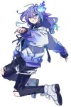 1boy blush creepyday dynamic_pose full_body gradient_hoodie hair_between_eyes happy highres holostars jumping long_hair long_sleeves looking_at_viewer male_focus midair minase_rio minase_rio_(1st_costume) multicolored_hair open_mouth pants purple_hair sleeves_past_wrists smile solo streaked_hair torn_clothes torn_pants two-tone_hair violet_eyes virtual_youtuber white_background white_footwear 