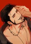  1boy absurdres beard black_hair cross cross_necklace dracule_mihawk faceless_other facial_hair highres jewelry kaizer_(kaizerxking) mustache necklace one_piece red_background red_eyes 