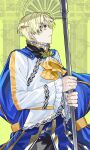  1boy absurdres alfred_(fire_emblem) ascot blonde_hair blue_cape cape closed_mouth fire_emblem fire_emblem_engage frilled_sleeves frills green_eyes highres hmmjust_0000 holding holding_polearm holding_weapon long_sleeves looking_to_the_side male_focus polearm short_hair solo weapon yellow_ascot 