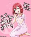  2020 :d after_bathing aqua_eyes bare_arms barefoot blush dress hair_between_eyes happy_birthday head_tilt highres kurosawa_ruby long_hair looking_at_viewer love_live! love_live!_sunshine!! pink_background pink_dress redhead short_sleeves smile straight_hair twitter_username wet wet_hair yumechiku 