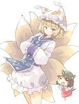  2girls :o =_= animal_ear_fluff animal_ear_piercing animal_ears arnest blonde_hair blue_tabard blush_stickers breasts brown_hair cat_ears cat_tail chen chibi closed_eyes closed_mouth commentary_request dress earrings fang feet_out_of_frame fox_tail frills full_body green_headwear hands_in_opposite_sleeves hands_up hat highres jewelry leaning_back light_blush long_sleeves medium_breasts mob_cap multiple_girls multiple_tails nekomata open_mouth red_dress short_hair simple_background single_earring smile standing standing_on_one_leg tabard tail touhou two_tails v-shaped_eyebrows white_background white_dress white_headwear yakumo_ran yellow_eyes 