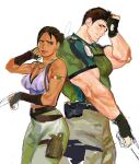  123456dyom 1boy 1girl absurdres black_hair breasts chris_redfield dark-skinned_female dark_skin earrings green_shirt grey_pants gun highres holding holding_gun holding_weapon jewelry large_pectorals looking_at_another muscular muscular_male one_eye_closed pants pectorals resident_evil resident_evil_5 sheva_alomar shirt short_hair smile weapon 