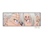  2boys close-up earrings eye_contact face-to-face facepaint grey_hair jewelry kimetsu_no_yaiba krit looking_at_another male_focus multiple_boys red_eyes scar scar_on_face scar_on_forehead scar_on_nose shinazugawa_sanemi short_hair twitter_username uzui_tengen violet_eyes 