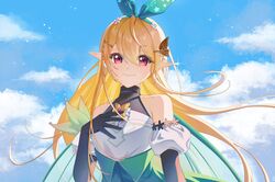  1girl black_gloves blonde_hair blue_sky bow butterfly_brooch ebi_(neko2112) gloves green_bow green_skirt hair_bow halterneck hand_on_own_chest high-waist_skirt highres long_hair nijisanji nijisanji_en pointy_ears pomu_rainpuff pomu_rainpuff_(1st_costume) red_eyes skirt sky smile solo 