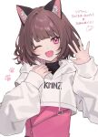  1girl animal_ears brown_hair hood hoodie jacket kmnz long_hair looking_at_viewer mc_liz pink_hair pink_jacket short_hair shugao smile solo virtual_youtuber 