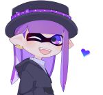  1girl absurdres bow commentary_request dot_nose glint hat hat_bow heart highres inkling inkling_girl koke_(banburu_be_x) long_hair one_eye_closed open_mouth pointy_ears purple_bow purple_hair simple_background solo splatoon_(series) teeth tentacle_hair upper_body upper_teeth_only violet_eyes white_background 
