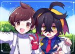  2boys black_hair blue_shirt blush brown_eyes brown_hair clouds collared_shirt crossed_bangs day double_v florian_(pokemon) gloves jacket kieran_(pokemon) long_sleeves looking_at_viewer male_focus mole mole_on_neck motiumai multiple_boys necktie open_mouth orange_eyes outdoors pokemon pokemon_sv pov purple_hair red_necktie selfie shirt single_glove sky sparkle upper_body v white_jacket 