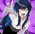  1girl ado_(utaite) black_pants blue_eyes blue_hair blush chando_(ado) cloud_nine_inc collarbone collared_shirt colored_inner_hair commentary_request crying crying_with_eyes_open dark_blue_hair dress_shirt gloves long_hair long_sleeves looking_at_viewer mole mole_under_eye multicolored_hair nervous_sweating open_mouth outline pants purple_background reaching reaching_towards_viewer riseno shirt sidelocks solo sweat tears teeth tongue tongue_out two-tone_hair upper_teeth_only utaite white_gloves white_outline white_shirt wide-eyed 