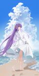  1girl bare_legs barefoot beach blue_sky blunt_bangs breasts clothes_lift clouds cloudy_sky day dress expressionless fern_(sousou_no_frieren) floating_hair full_body hair_ornament highres long_hair long_sleeves looking_at_viewer looking_back medium_breasts ocean outdoors puffy_sleeves purple_hair ryudraw sand sidelocks sky solo sousou_no_frieren twitter_username very_long_hair violet_eyes walking water white_dress 