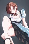  1girl absurdres black_footwear breasts brown_hair hair_ornament hairclip highres higuchi_madoka idolmaster idolmaster_shiny_colors maid mtoan multicolored_eyes short_hair simple_background sitting solo thick_thighs thighs violet_eyes 