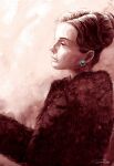  1girl artworksmil coat earrings fur-trimmed_coat fur_trim hair_bun jewelry original painting_(medium) portrait realistic signature single_hair_bun solo traditional_media watercolor_(medium) 