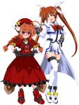  2girls ahoge beret black_gloves blue_eyes braid brown_hair commentary_request commission dress full_body gloves hair_ribbon hands_on_own_hips hat long_hair lyrical_nanoha magical_girl mahou_shoujo_lyrical_nanoha_strikers multiple_girls orange_hair overskirt red_dress red_headwear ribbon simple_background skeb_commission takamachi_nanoha thigh-highs twin_braids twintails vita_(nanoha) white_background white_dress white_ribbon white_thighhighs yaeba 
