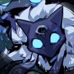  1girl blue_eyes body_fur close-up furry furry_female glowing glowing_eyes head_tilt kindred_(league_of_legends) lamb_(league_of_legends) league_of_legends looking_at_viewer mask no_pupils phantom_ix_row portrait solo two-tone_fur white_fur 