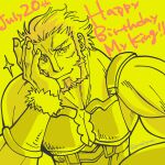  beard elbow_rest facial_hair fate/grand_order fate_(series) full_beard gunojigunoji happy_birthday highres iskandar_(fate) looking_at_viewer male_focus mature_male muscular muscular_male pectoral_cleavage pectorals redhead short_hair smile sparkle thick_beard thick_eyebrows upper_body yellow_theme 