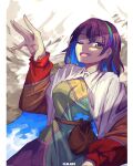  1girl artist_name bag cape capelet colored_inner_hair commentary corporalblake english_commentary hairband highres long_sleeves looking_at_viewer multicolored_eyes multicolored_hair multicolored_hairband one_eye_closed open_mouth short_hair sky_print solo tenkyuu_chimata touhou white_cape white_capelet 