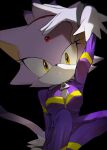  1girl animal_ears black_background blaze_the_cat cat_ears cat_girl forehead_jewel fur-trimmed_gloves fur_trim furry furry_female gloves highres jaibus jumpsuit looking_at_viewer ponytail purple_fur purple_jumpsuit sonic_(series) sonic_riders white_gloves yellow_eyes zipper_pull_tab 