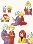  3others absurdres aged_down androgynous antenna_hair baila_kuangzi blonde_hair blue_eyes blue_hair chibi chinese_commentary closed_eyes closed_mouth commentary_request fujiwara_no_iyozane highres hug hug_from_behind japanese_clothes kimono len&#039;en long_sleeves medium_hair multiple_others multiple_views no_nose ooama_no_ake_no_mitori ooya_kunimitsu open_mouth other_focus purple_kimono red_kimono redhead short_hair side_ponytail sitting smile step-siblings sweat wide_sleeves yellow_eyes 