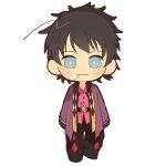  1boy blue_eyes brown_hair chibi commentary facial_hair full_body haori japanese_clothes male_focus medium_hair pink_shirt raven_(tales) shirt simple_background smile solo standing sugara_10 symbol-only_commentary tales_of_(series) tales_of_vesperia white_background 