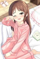  1girl absurdres alarm_clock barefoot bed bed_sheet blurry blurry_background blush breast_pocket brown_eyes brown_hair buttons choudai-sama clock collarbone commentary_request frilled_pillow frills hand_up highres idolmaster idolmaster_cinderella_girls idolmaster_cinderella_girls_u149 long_hair looking_at_viewer messy_hair morning one_eye_closed open_mouth pajamas pillow pink_pajamas pink_pillow pocket sidelocks sitting slippers smile solo tachibana_arisu waking_up wariza wooden_floor 