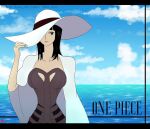  1girl black_hair blunt_bangs cape chris_re5 clouds copyright_name dress english_commentary hand_on_headwear instagram_username large_hat letterboxed looking_at_viewer medium_hair nico_robin ocean one_piece one_piece:_baron_omatsuri_and_the_secret_island purple_dress sky solo twitter_username upper_body white_cape white_headwear 