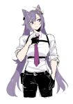  1girl absurdres adjusting_clothes adjusting_necktie black_gloves black_pants chest_harness closed_mouth collared_shirt commentary cone_hair_bun cowboy_shot cropped_legs genshin_impact gloves hair_bun hair_ornament half_gloves harness highres keqing_(genshin_impact) long_hair necktie pants purple_hair purple_necktie rey_yeet shirt shirt_tucked_in simple_background sleeves_rolled_up solo violet_eyes white_background white_shirt 