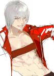  1boy absurdres belt_bra bishounen blue_eyes coat dante_(devil_may_cry) devil_may_cry_(series) devil_may_cry_3 highres long_hair male_focus red_coat shuacc00 smile solo white_hair 