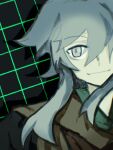  1other androgynous black_background chinese_commentary closed_mouth commentary_request eyes_visible_through_hair grey_eyes grey_hair grid_background hair_over_one_eye highres houlen_yabusame len&#039;en other_focus sanpaku simple_background sketch smile solo yang_gu 