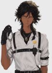 1boy absurdres alternate_costume arknights black_gloves black_hair braid closed_mouth cuffs dark-skinned_male dark_skin earrings geebee_79 gloves grey_background hair_between_eyes handcuffs highres holding holding_handcuffs jewelry looking_at_viewer male_focus necklace orange_eyes police_badge shirt side_braids simple_background solo thorns_(arknights) upper_body white_shirt