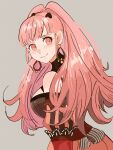  1girl bare_shoulders black_dress blunt_bangs blush chimney_(chimney0311) closed_mouth commentary dress earrings fire_emblem fire_emblem:_three_houses gloves grey_background highres hilda_valentine_goneril hoop_earrings jewelry long_hair looking_at_viewer pink_dress red_gloves simple_background smile solo two-tone_dress very_long_hair 