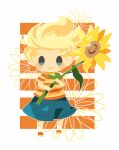  1boy blonde_hair blue_shorts blush_stickers border closed_mouth flower full_body hitofutarai holding holding_flower looking_at_viewer lucas_(mother_3) male_focus mother_(game) mother_3 orange_footwear shirt short_sleeves shorts smile socks solo standing striped_clothes striped_shirt sunflower white_border white_socks yellow_flower 