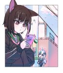  2girls ahoge animal_ears black_choker black_hair black_jacket black_neckerchief blue_archive blue_hair blunt_bangs cat_ears cellphone choker closed_mouth colored_inner_hair hair_ornament highres holding holding_phone hood hooded_jacket jacket kazusa_(blue_archive) light_blue_hair long_sleeves multicolored_hair multiple_girls neckerchief open_mouth pararilla phone pink_eyes pink_hair pleated_skirt reisa_(blue_archive) sailor_collar short_hair skirt smartphone smile star_(symbol) star_hair_ornament twintails two-tone_hair upper_body violet_eyes 