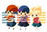  3boys alternate_color backpack bag black_hair blonde_hair blue_footwear blue_shorts blush_stickers brown_bag closed_mouth full_body hitofutarai looking_at_viewer lucas_(mother_3) mother_(game) mother_1 mother_2 mother_3 multiple_boys neckerchief ness_(mother_2) ninten open_mouth orange_socks pac-man_eyes pink_footwear player_2 red_headwear red_neckerchief shirt shorts sideways_hat smile socks striped_clothes striped_shirt super_smash_bros. waving white_socks 