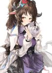  1girl absurdres animal animal_ears arknights brown_eyes brown_hair coat commentary_request dress eyjafjalla_(arknights) eyjafjalla_the_hvit_aska_(arknights) highres holding holding_animal horns kajuu long_hair long_sleeves open_clothes open_coat pouch purple_dress sheep sheep_ears sheep_horns solo white_coat 