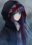  1girl absurdres adashino_benio black_hair black_jacket blunt_bangs closed_mouth collarbone commentary_request expressionless green_eyes grey_background highres hood hood_up hooded_jacket jacket long_hair looking_at_viewer nose open_clothes open_jacket simple_background solo sousei_no_onmyouji straight_hair sumire_1046 upper_body very_long_hair 